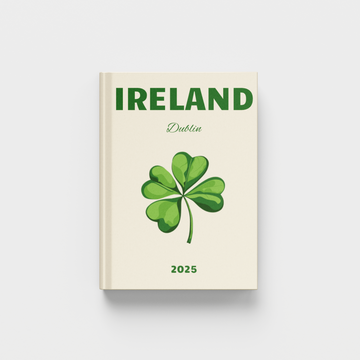 photobook with 'IRELAND Dublin' text and a shamrock on a cream background