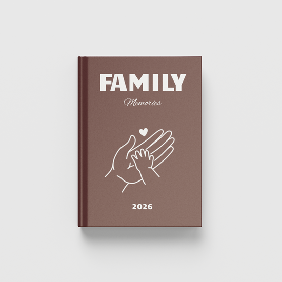 Brown photobook titled 'FAMILY' Memories 2026' with a design of two hands holding a heart on a white background.