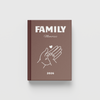 Brown photobook titled 'FAMILY' Memories 2026' with a design of two hands holding a heart on a white background.