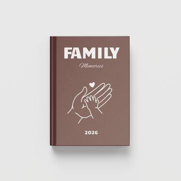 Brown photobook titled 'FAMILY' Memories 2026' with a design of two hands holding a heart on a white background.