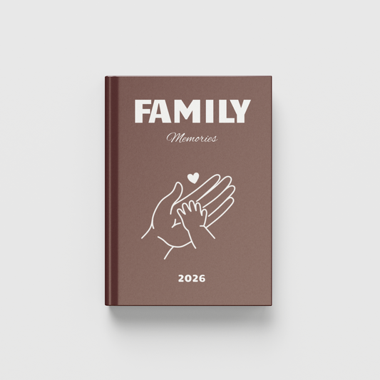Brown photobook titled 'FAMILY' Memories 2026' with a design of two hands holding a heart on a white background.