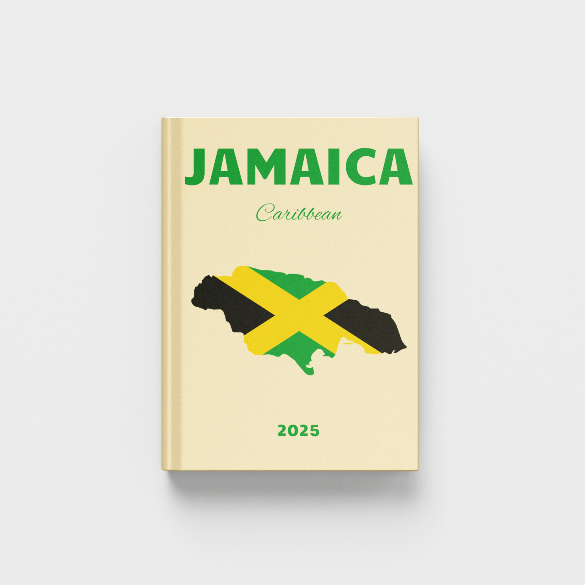photobook with Jamaica map and flag design on a beige background