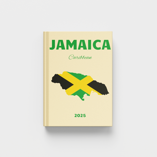photobook with Jamaica map and flag design on a beige background