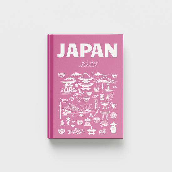 Pink book titled 'Japan' with white illustrations on a light gray background