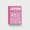 Pink book titled 'Japan' with white illustrations on a light gray background
