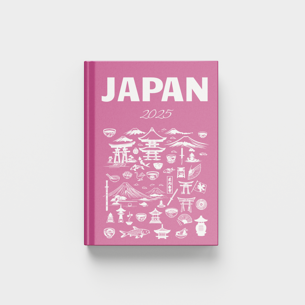 Pink book titled 'Japan' with white illustrations on a light gray background