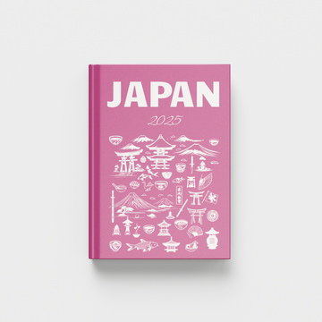 Pink book titled 'Japan' with white illustrations on a light gray background