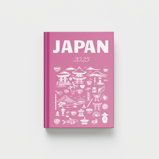 Pink book titled 'Japan' with white illustrations on a light gray background