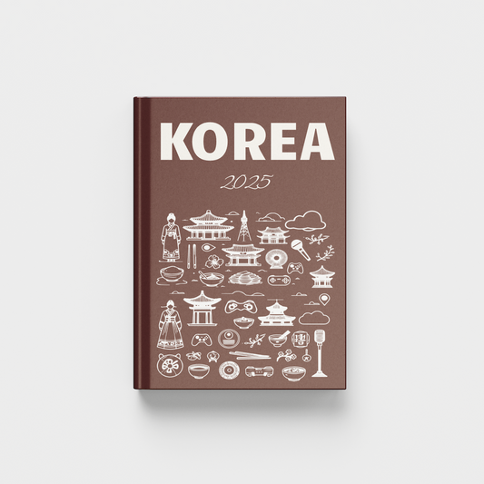 photobook cover with 'Korea 2025' text and white illustrations on a brown background
