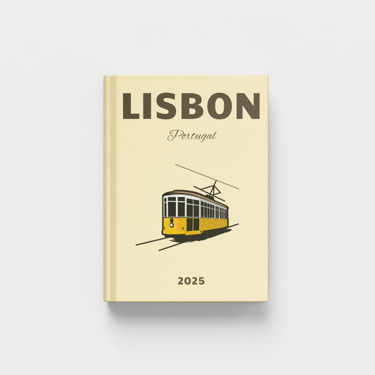 Beige photobook cover with a tram illustration and 'Lisbon Portugal' text on a white background