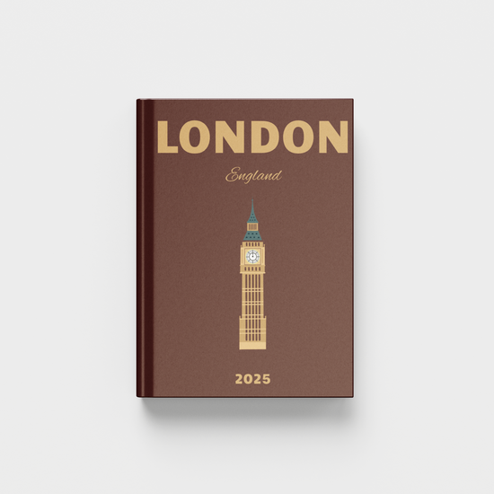Brown photobook with 'London England' and Big Ben illustration on a white background