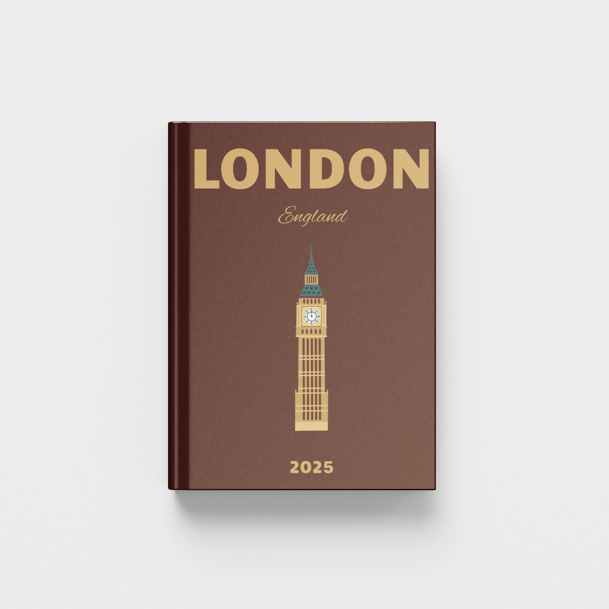 Brown photobook with 'London England' and Big Ben illustration on a white background