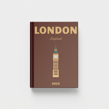 Brown photobook with 'London England' and Big Ben illustration on a white background