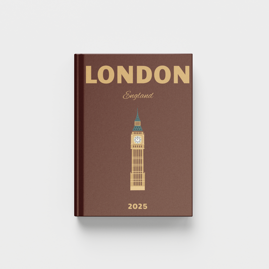 Brown photobook with 'London England' and Big Ben illustration on a white background