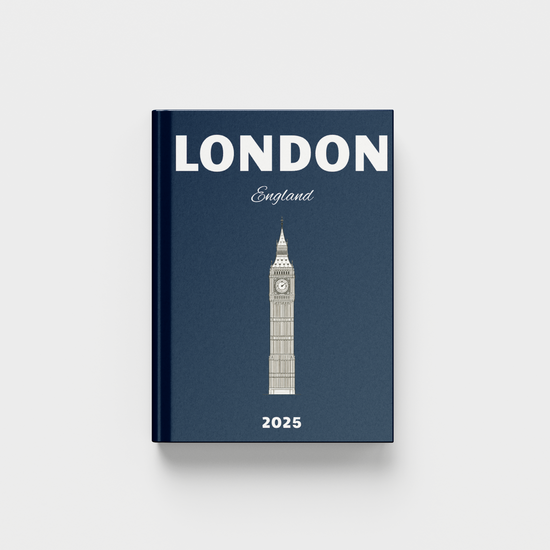 Navy blue photobook with Big Ben illustration and 'London, England' text on a white background