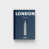 Navy blue photobook with Big Ben illustration and 'London, England' text on a white background