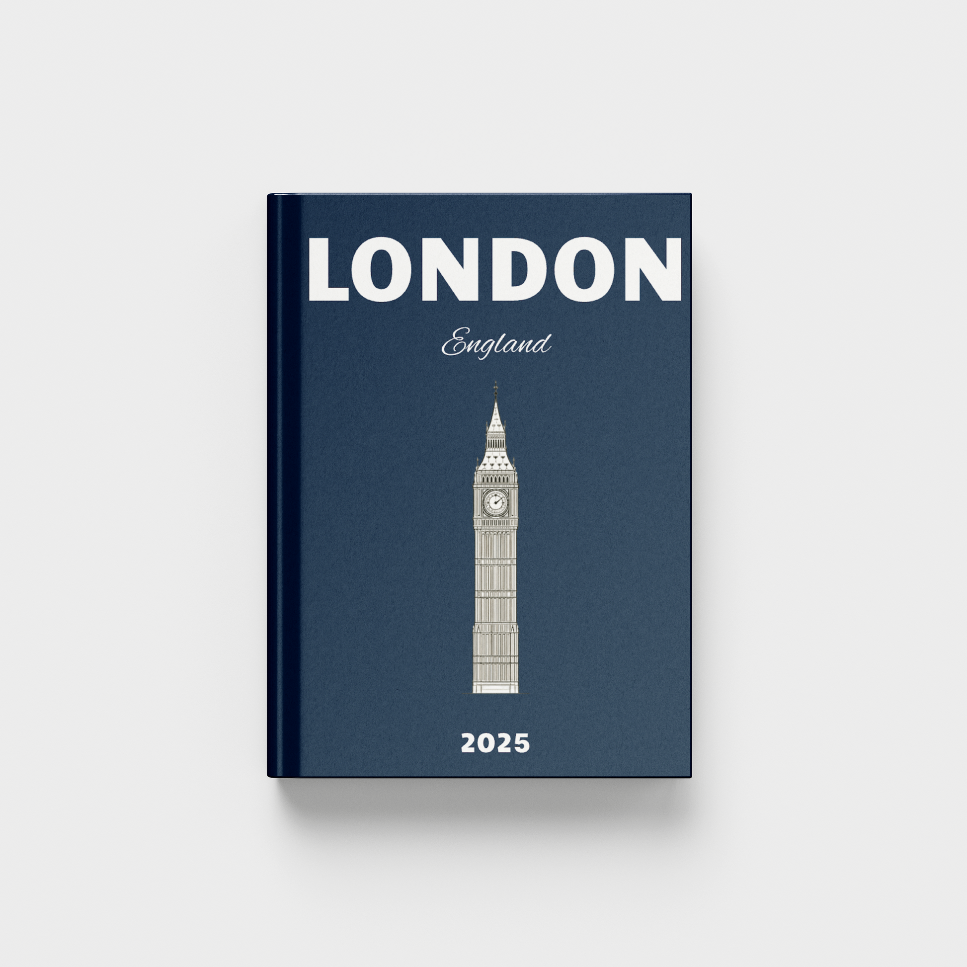 Navy blue photobook with Big Ben illustration and 'London, England' text on a white background