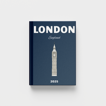 Navy blue photobook with Big Ben illustration and 'London, England' text on a white background