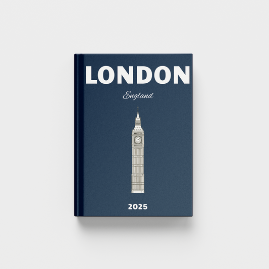 Navy blue photobook with Big Ben illustration and 'London, England' text on a white background