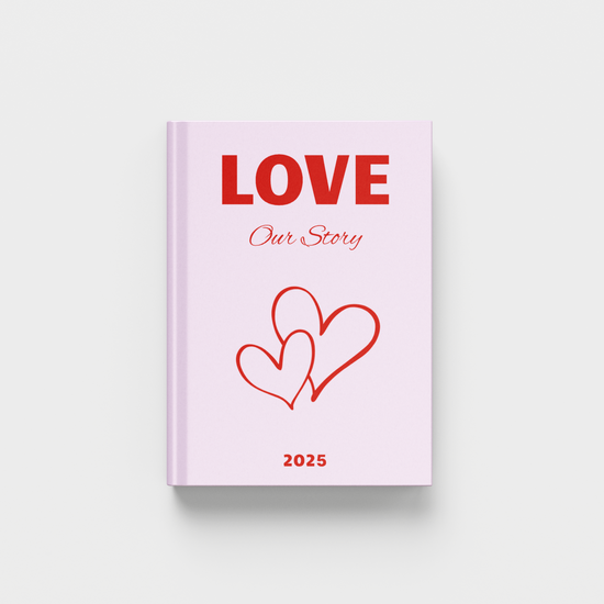 Pink photobook titled 'LOVE Our Story' with red text and hearts on a white background