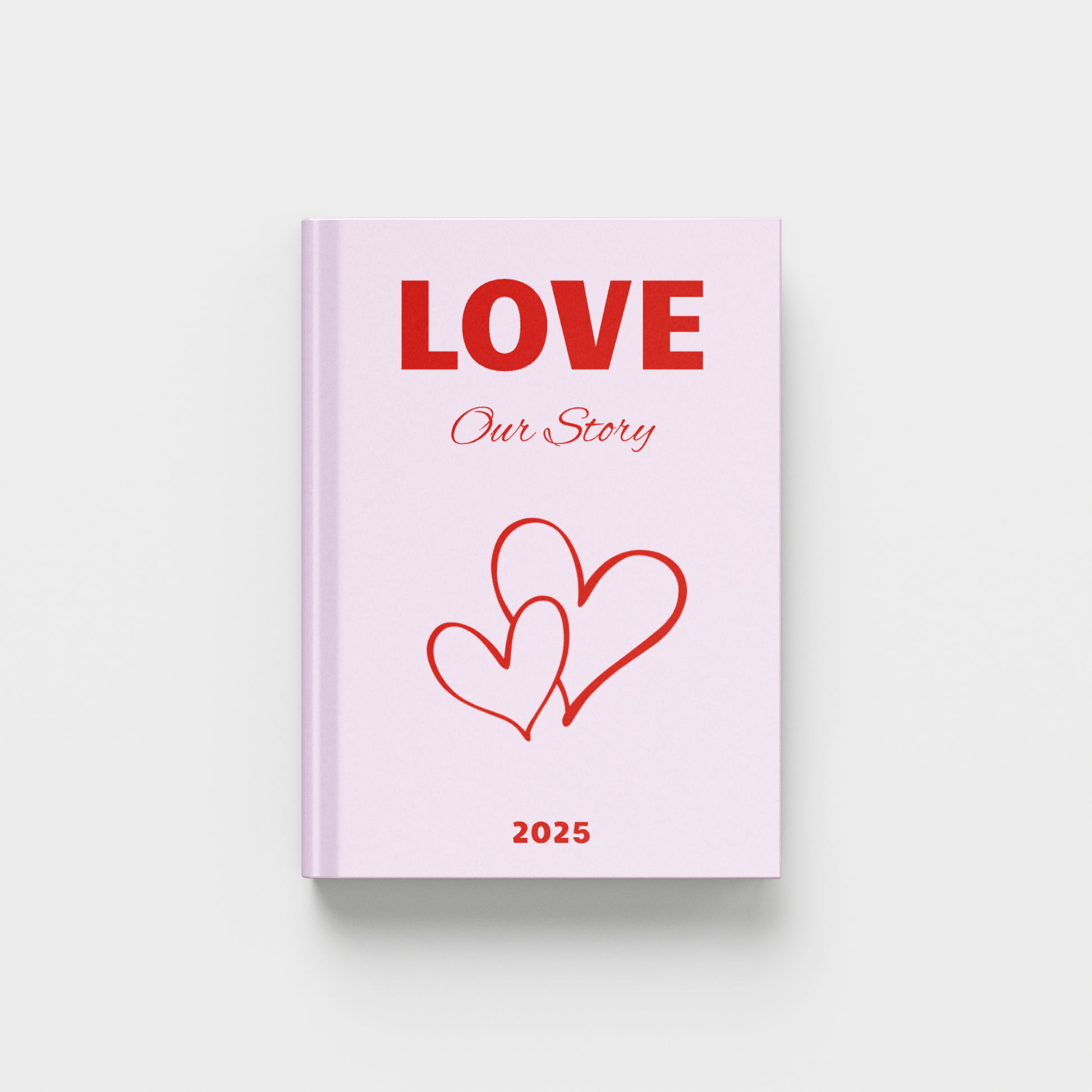 Pink photobook titled 'LOVE Our Story' with red text and hearts on a white background