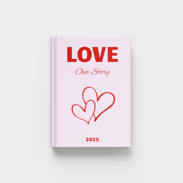 Pink photobook titled 'LOVE Our Story' with red text and hearts on a white background