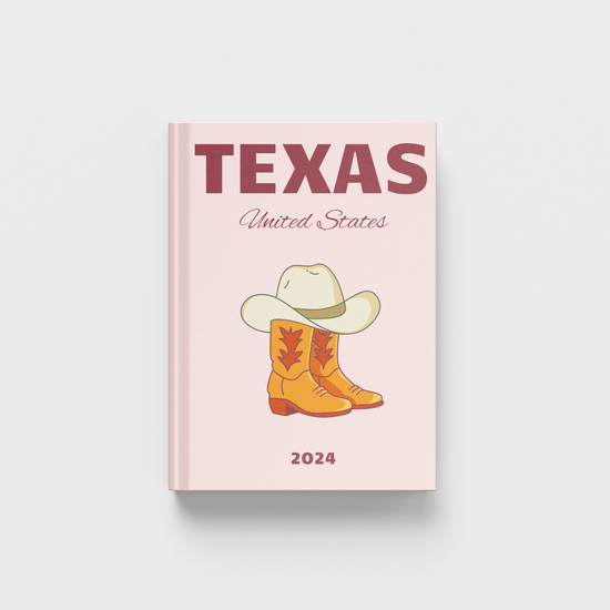 Photobook with 'Texas, United States' text and cowboy hat and boots illustration on a light pink background