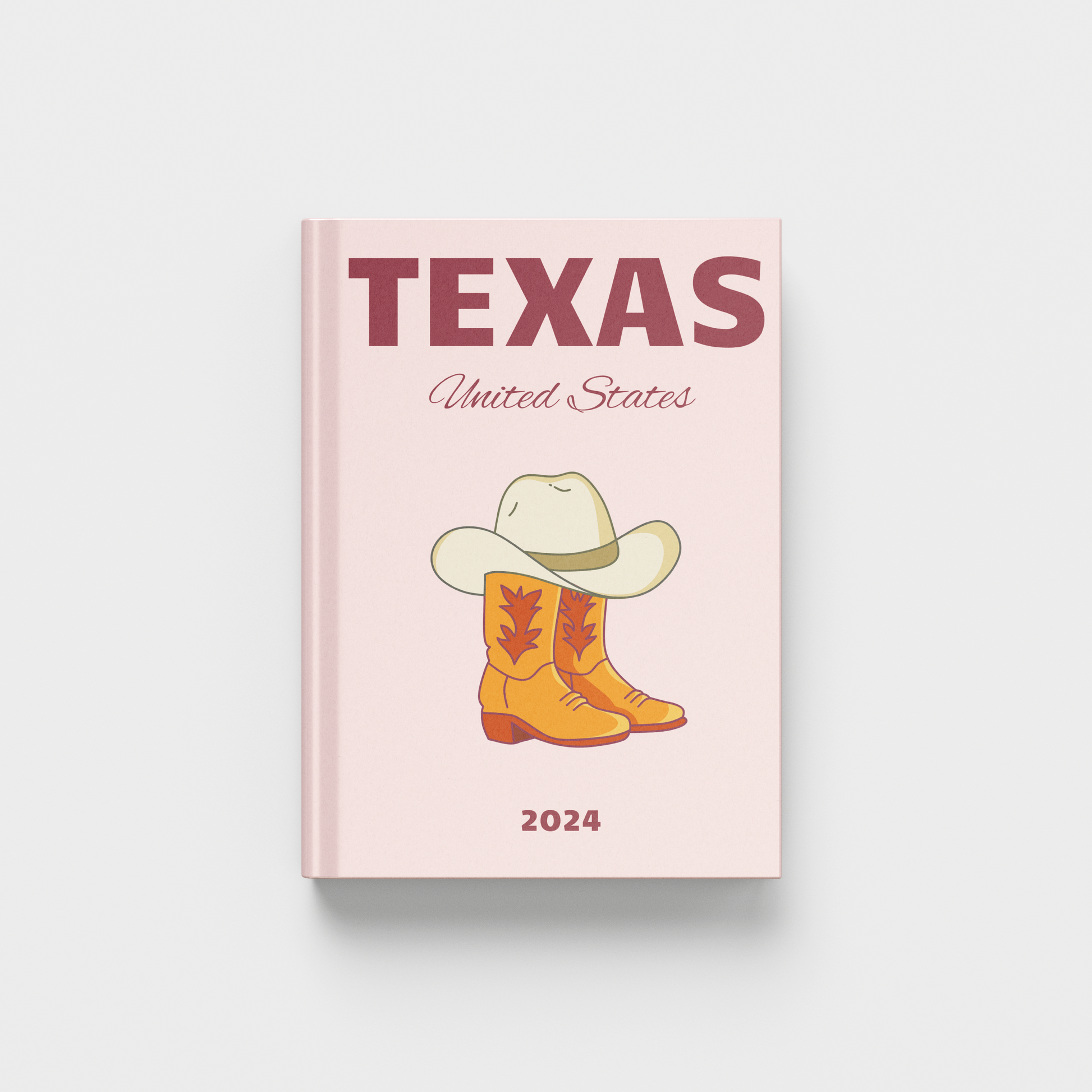 Photobook with 'Texas, United States' text and cowboy hat and boots illustration on a light pink background