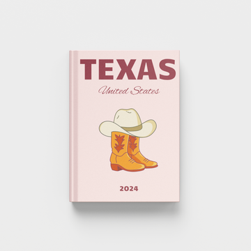 Photobook with 'Texas, United States' text and cowboy hat and boots illustration on a light pink background