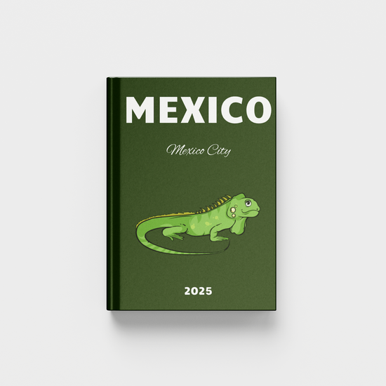Green photobook with a lizard illustration and 'Mexico' text on a white background