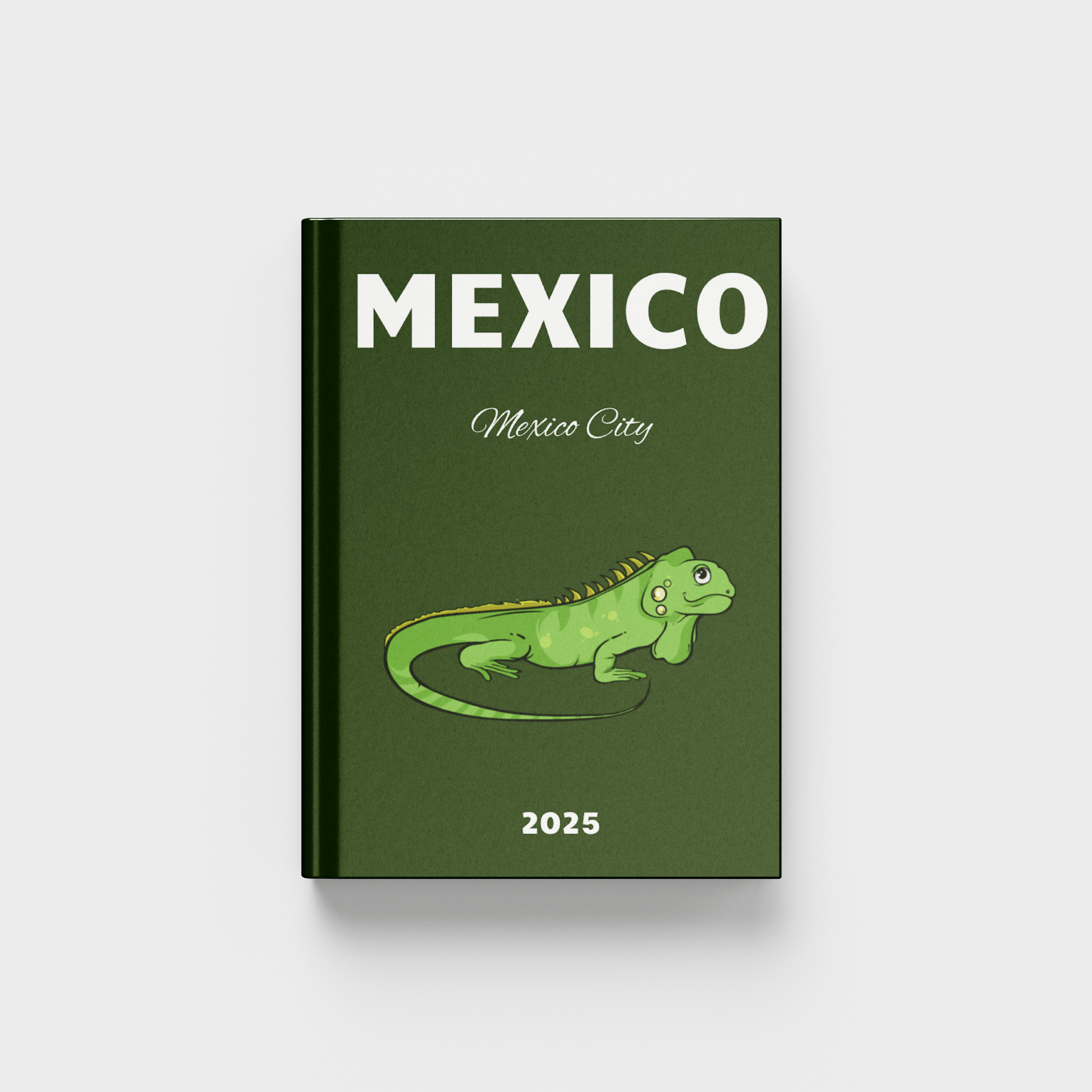 Green photobook with a lizard illustration and 'Mexico' text on a white background