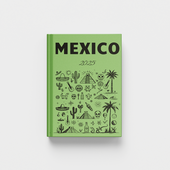 Green photobook titled 'Mexico' with black illustrations on a white background