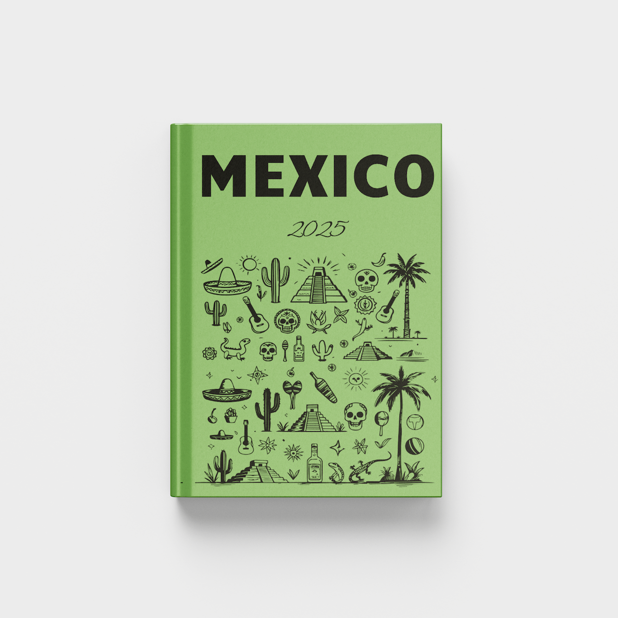 Green photobook titled 'Mexico' with black illustrations on a white background