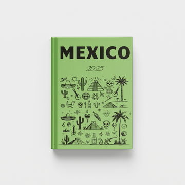 Green photobook titled 'Mexico' with black illustrations on a white background