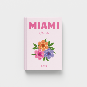 Miami, Florida photobook with floral design on a white background