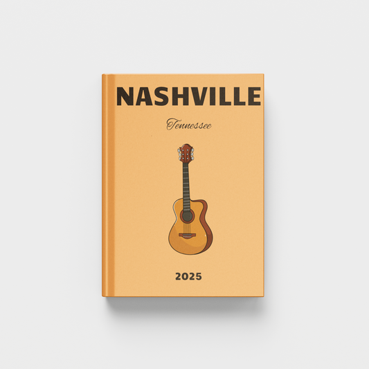photobook with a guitar illustration and 'Nashville, Tennessee' text on a beige cover.