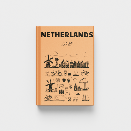 Book titled 'Netherlands 2025' with illustrations on a beige cover against a white background