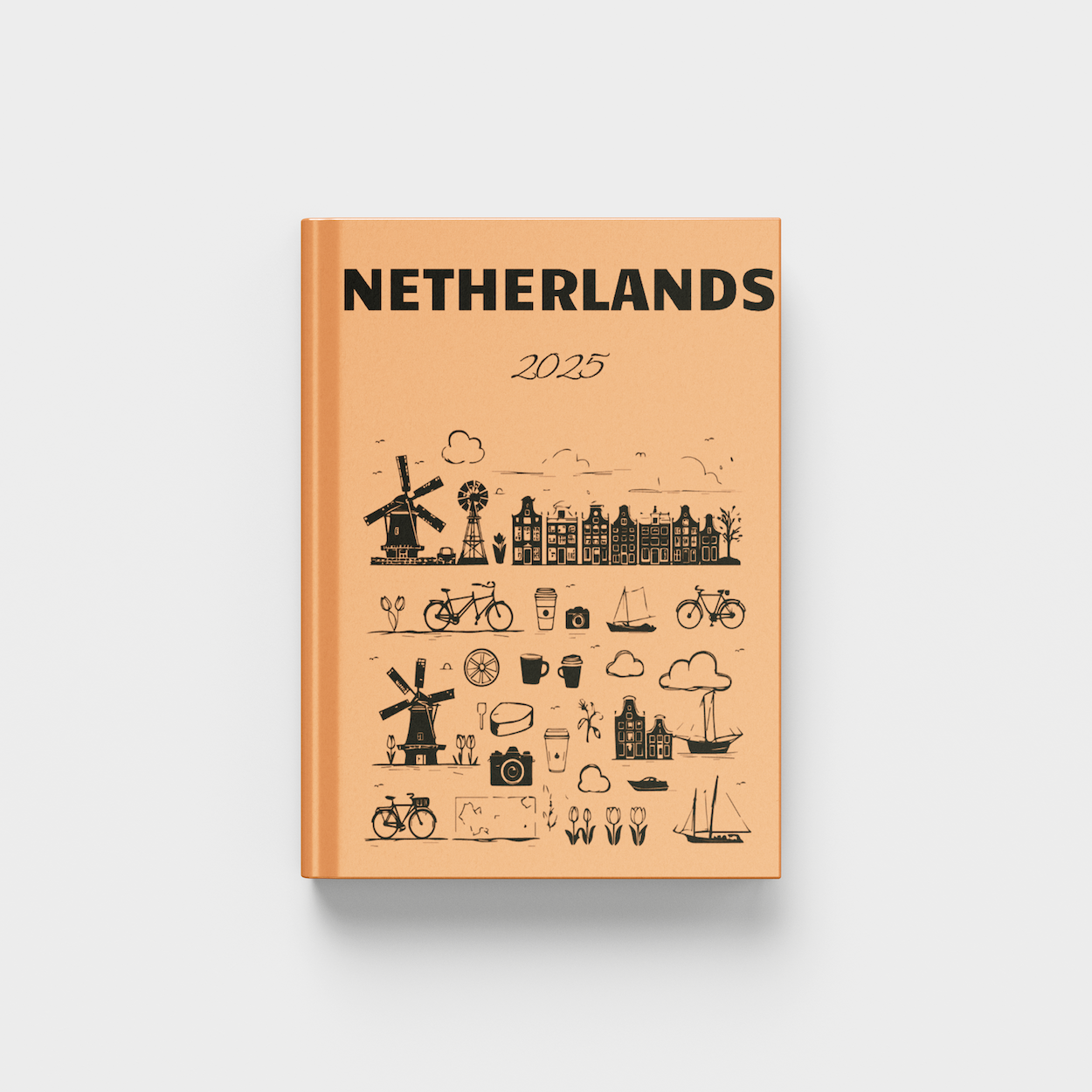 Book titled 'Netherlands 2025' with illustrations on a beige cover against a white background