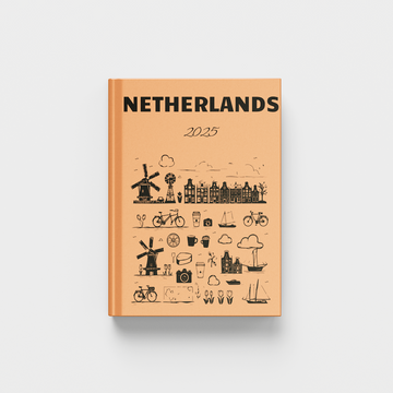 Book titled 'Netherlands 2025' with illustrations on a beige cover against a white background