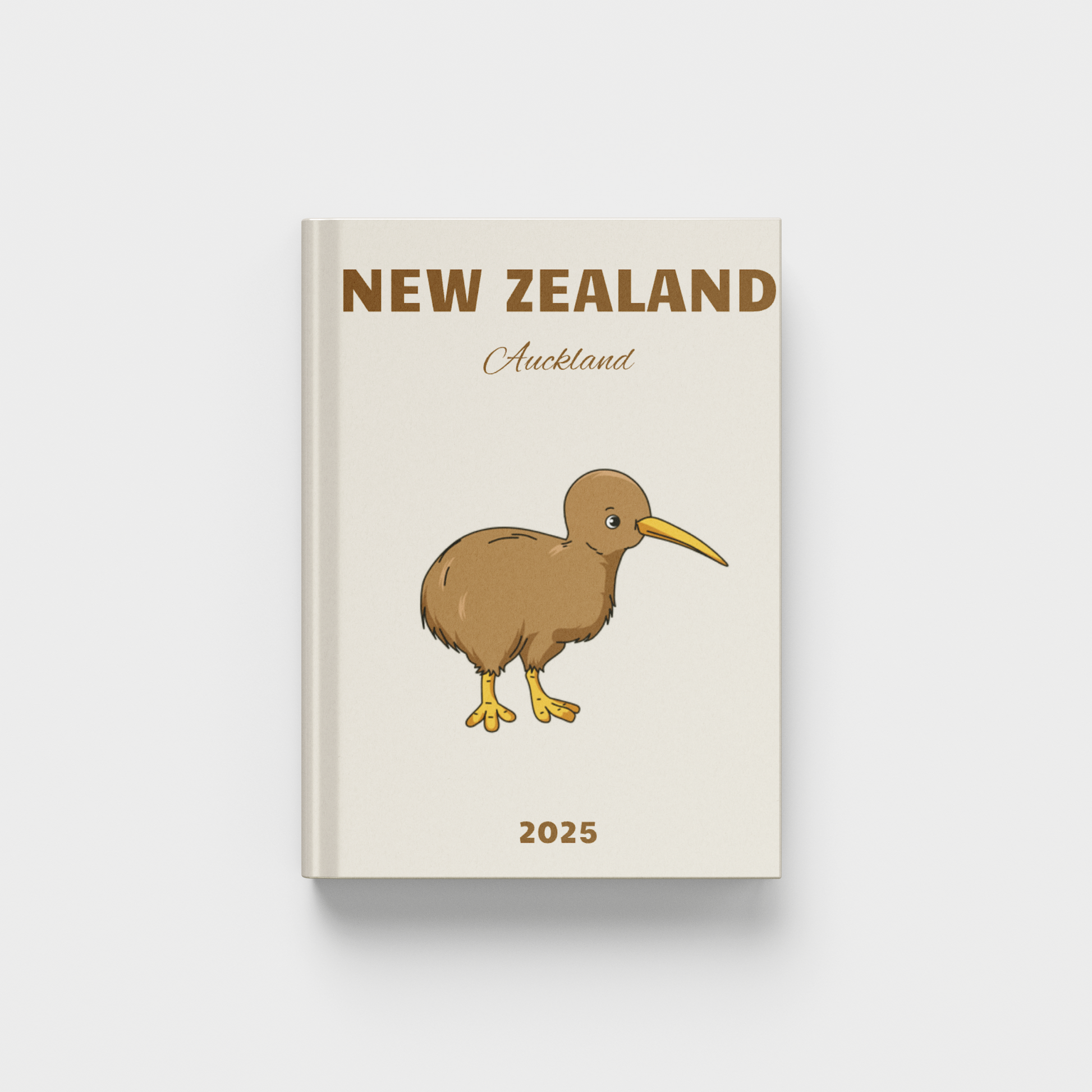 New Zealand photobook with a kiwi bird illustration on a beige background