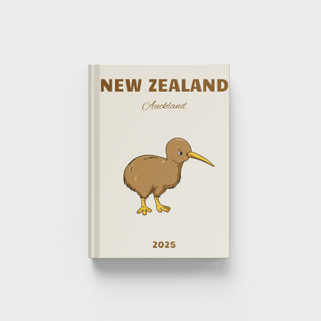 New Zealand photobook with a kiwi bird illustration on a beige background
