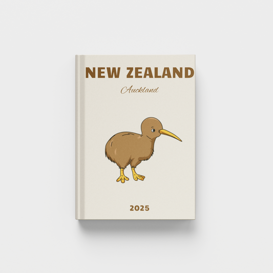 New Zealand photobook with a kiwi bird illustration on a beige background