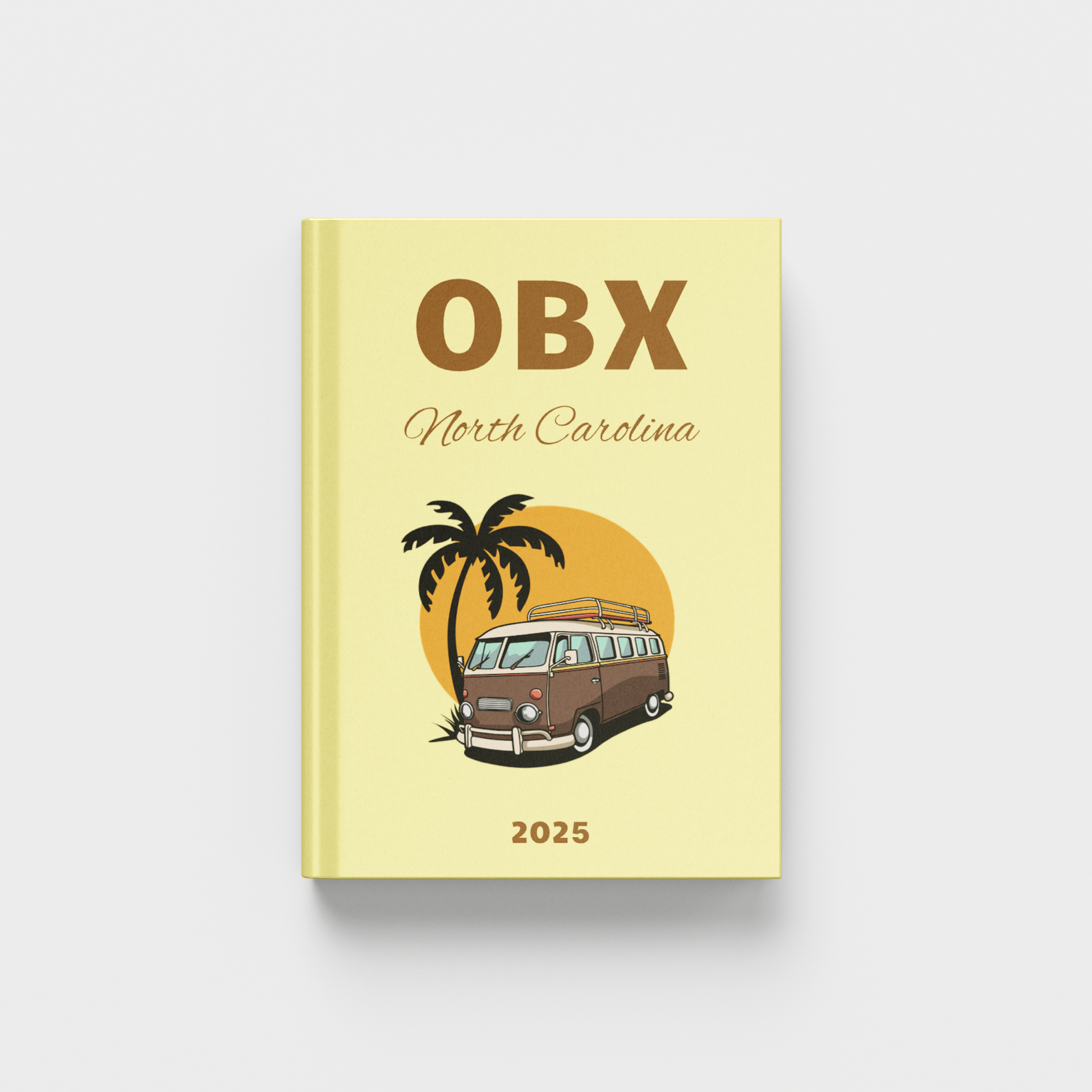 Outer Banks, North Carolina travel photobook with a van and palm tree design on a yellow cover