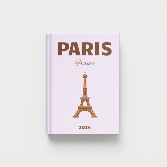 Paris France light purple photobook with Eiffel Tower illustration on a white background