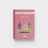 Pink photobook cover with illustration of Amsterdam buildings and 'Amsterdam Netherlands' text on a white background