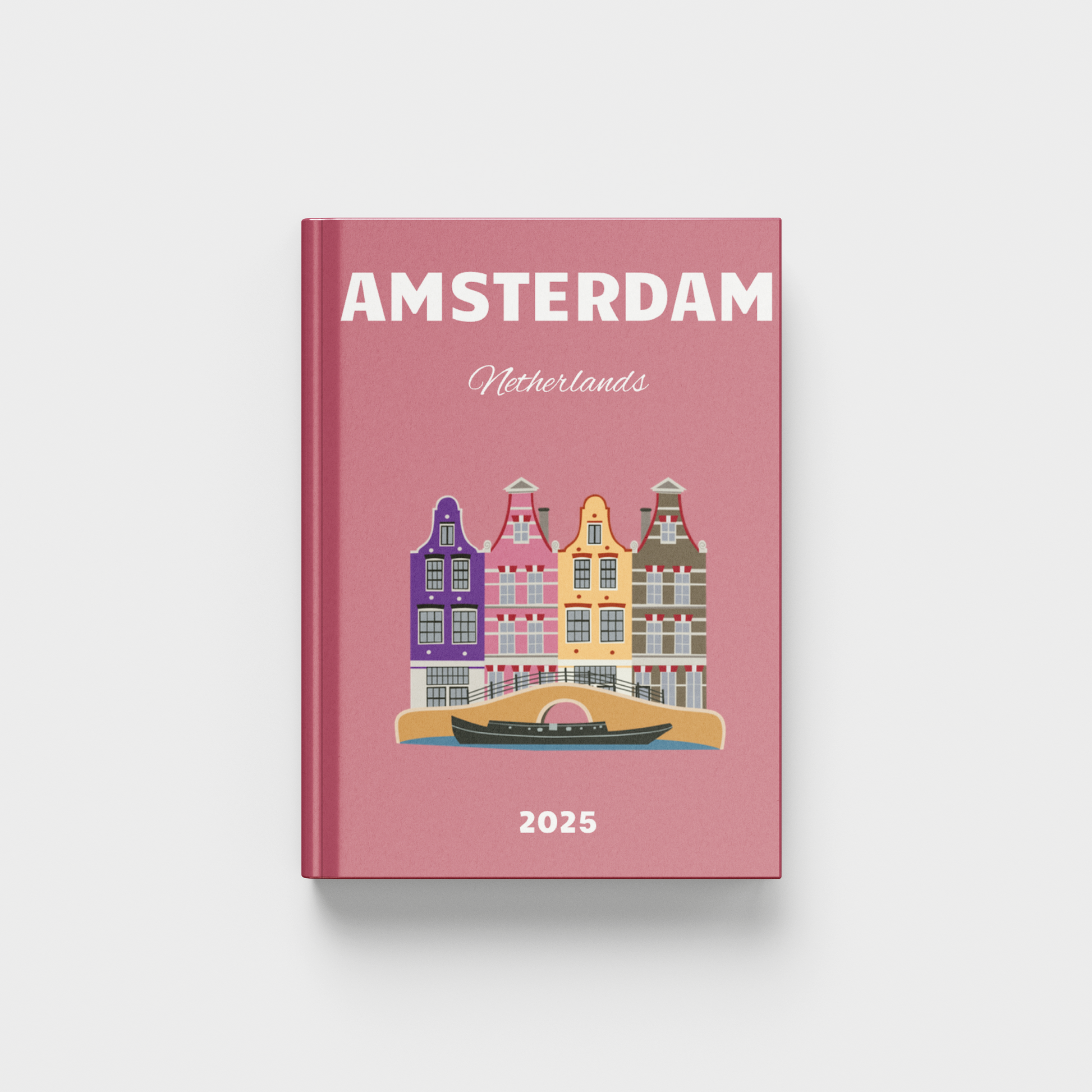 Pink photobook cover with illustration of Amsterdam buildings and 'Amsterdam Netherlands' text on a white background