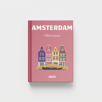 Pink photobook cover with illustration of Amsterdam buildings and 'Amsterdam Netherlands' text on a white background