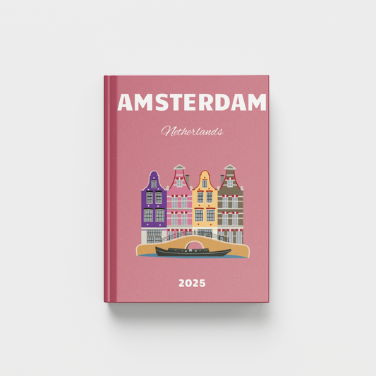 Pink photobook cover with illustration of Amsterdam buildings and 'Amsterdam Netherlands' text on a white background