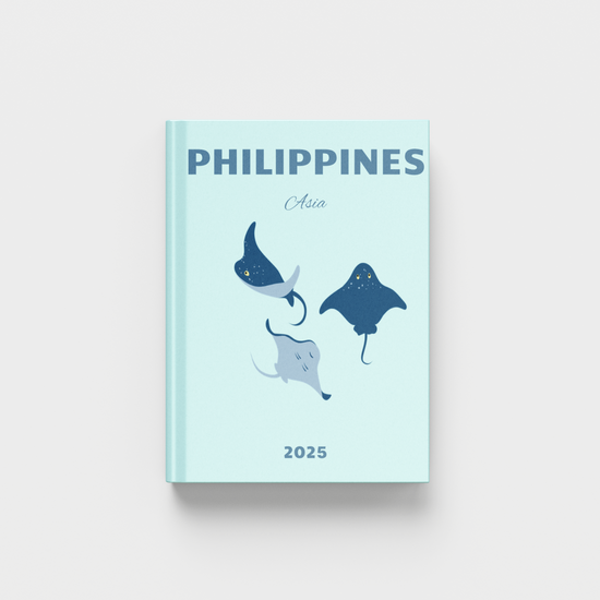 Philippines travel photobook with illustrations of stingrays on a light blue background