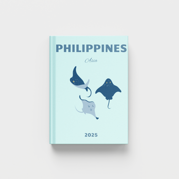Philippines travel photobook with illustrations of stingrays on a light blue background